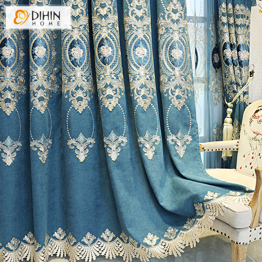 DIHIN HOME Luxury Embroidered Blue Curtains,Blackout Grommet Window Curtain for Living Room ,52x63-inch,1 Panel Roman Shades Curtains Window Blinds custom curtains blackout curtains curtains for living room sheer curtains curtain fabric linen curtains kitchen curtains velvet curtains pinch pleat curtains bay window curtains outdoor curtains pleated curtains floral curtains dining room curtains kitchen valances drapes for bedroom patio curtains nursery curtains grommet curtains