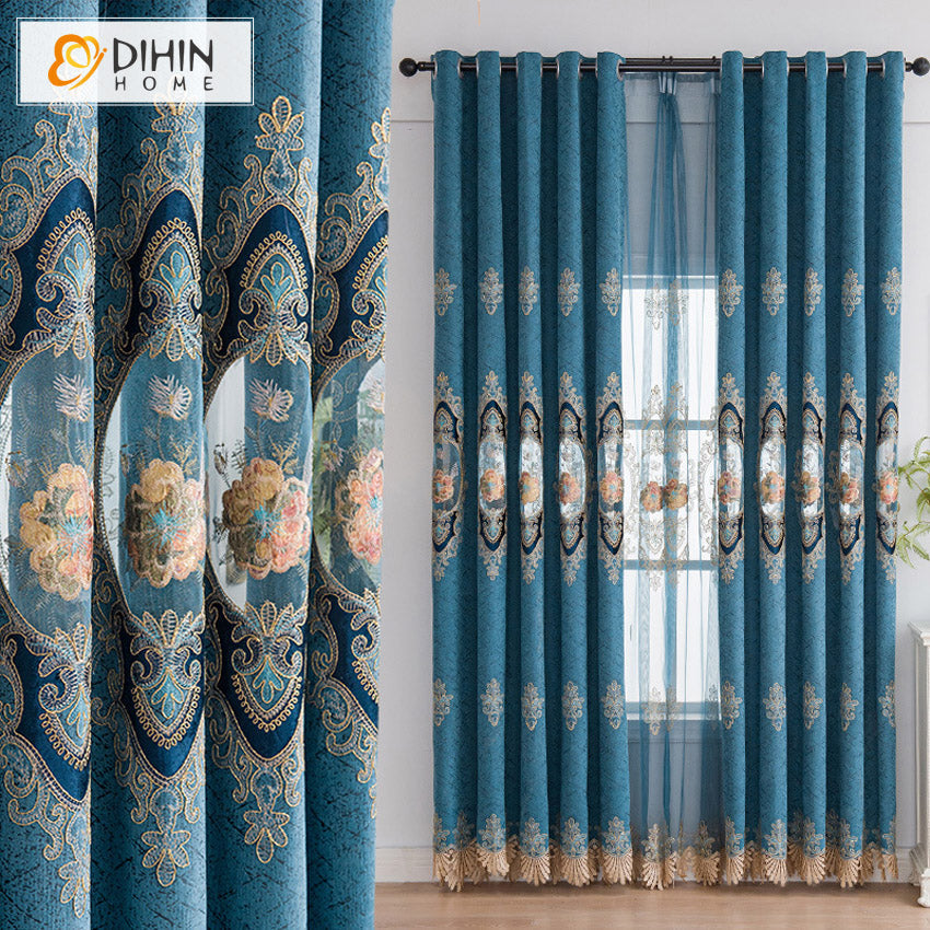 DIHIN HOME Luxury Roral Blue Color Embroidered Curtains,Blackout Grommet Window Curtain for Living Room ,52x84-inch,1 Panel Roman Shades Curtains Window Blinds custom curtains blackout curtains curtains for living room sheer curtains curtain fabric linen curtains kitchen curtains velvet curtains pinch pleat curtains bay window curtains outdoor curtains pleated curtains floral curtains dining room curtains kitchen valances drapes for bedroom patio curtains nursery curtains grommet curtains