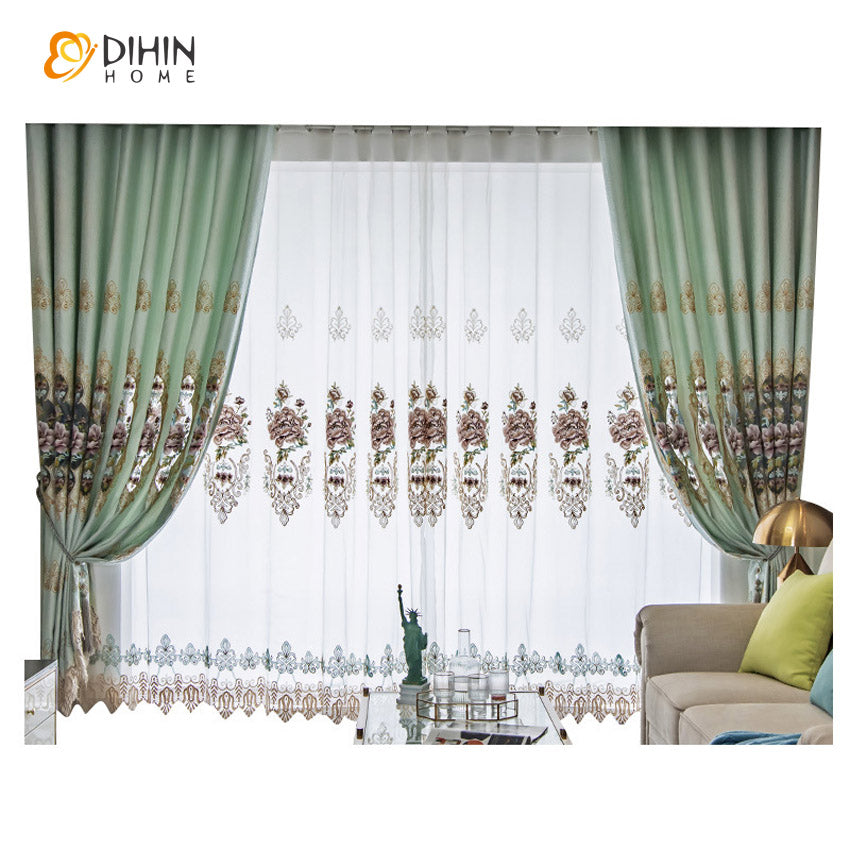 DIHIN HOME Luxury Roral Green Color Embroidered Curtains,Blackout Grommet Window Curtain for Living Room ,52x84-inch,1 Panel Roman Shades Curtains Window Blinds custom curtains blackout curtains curtains for living room sheer curtains curtain fabric linen curtains kitchen curtains velvet curtains pinch pleat curtains bay window curtains outdoor curtains pleated curtains floral curtains dining room curtains kitchen valances drapes for bedroom patio curtains nursery curtains grommet curtains