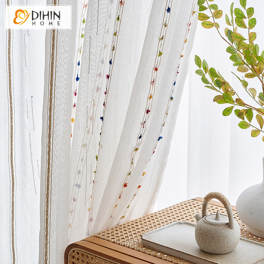 DIHIN HOME Modern Striped Embroidered Sheer Curtain, Grommet Window Curtain for Living Room ,52x63-inch,1 Panelriped Roman Shades Window Curtains Curtains Window Blinds Curtains Drapes linen drapery curtains and drapes windows drapes custom curtains blackout curtains curtains for living room window shades sheer curtains curtain fabric window treatments custom drapery