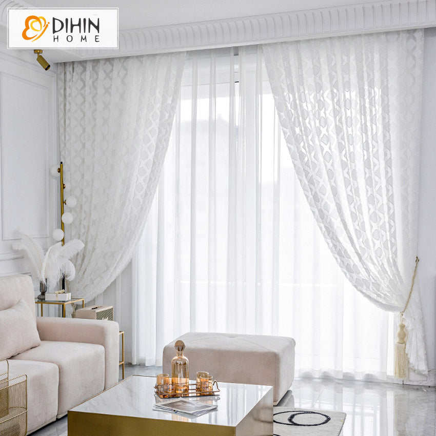 DIHIN HOME Modern White Diamond Shape Emboridered Sheer Curtain, Grommet Window Curtain for Living Room ,52x63-inch,1 Panelriped Roman Shades Window Curtains Curtains Window Blinds Curtains Drapes linen drapery curtains and drapes windows drapes custom curtains blackout curtains curtains for living room window shades sheer curtains curtain fabric window treatments custom drapery