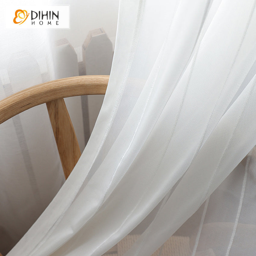 DIHIN HOME Modern White Striped,Sheer Curtain,Blackout Grommet Window Curtain for Living Room ,52x63-inch,1 Panel Curtains custom curtains blackout curtains curtains for living room curtain fabric linen curtains