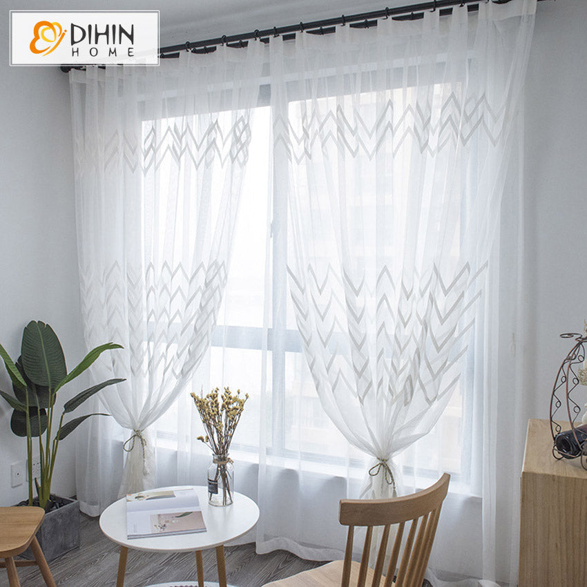 DIHIN HOME Modern White Strips Embroidered,Grommet Window Sheer Curtain for Living Room ,52x63-inch,1 Panel Roman Shades Curtains Window Blinds custom curtains blackout curtains curtains for living room sheer curtains curtain fabric linen curtains kitchen curtains velvet curtains pinch pleat curtains bay window curtains outdoor curtains pleated curtains floral curtains dining room curtains kitchen valances drapes for bedroom patio curtains nursery curtains grommet curtains