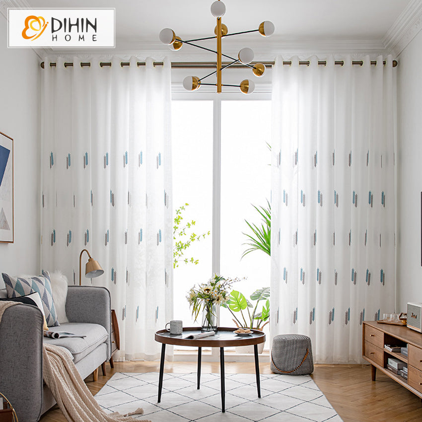 DIHIN HOME Pastoral Blue and Grey Wheat Head White Sheer Curtain,Grommet Window Curtain for Living Room ,52x63-inch,1 Panel Curtains custom curtains blackout curtains curtains for living room curtain fabric linen curtains