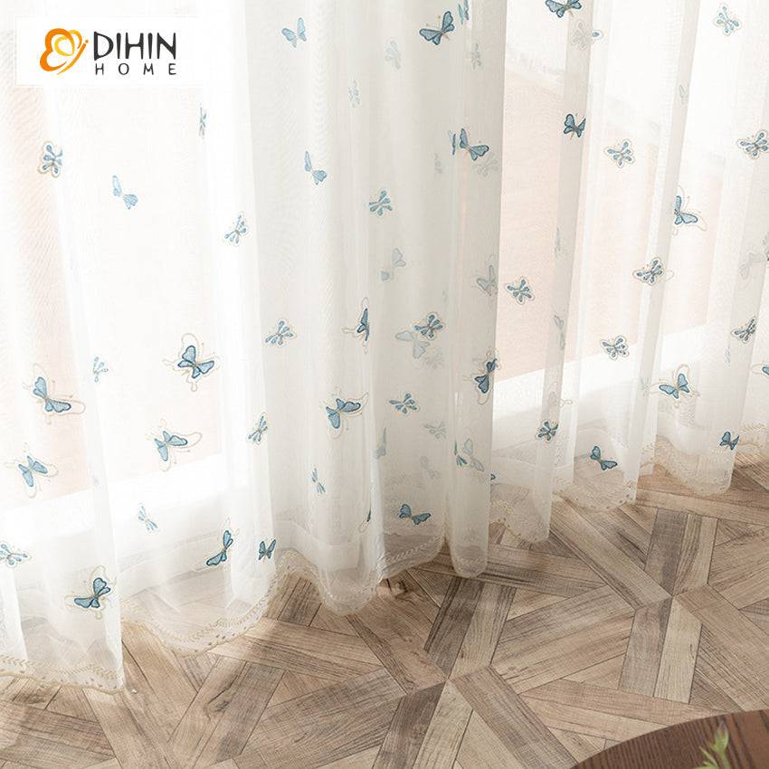 DIHIN HOME Pastoral Blue Butterfly Embroidered,Sheer Curtain,Grommet Window Curtain for Living Room ,52x63-inch,1 Panel Curtains custom curtains blackout curtains curtains for living room curtain fabric linen curtains