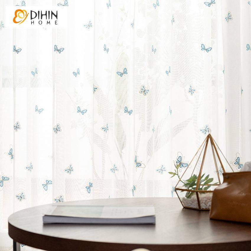 DIHIN HOME Pastoral Blue Butterfly Embroidered,Sheer Curtain,Grommet Window Curtain for Living Room ,52x63-inch,1 Panel Curtains custom curtains blackout curtains curtains for living room curtain fabric linen curtains