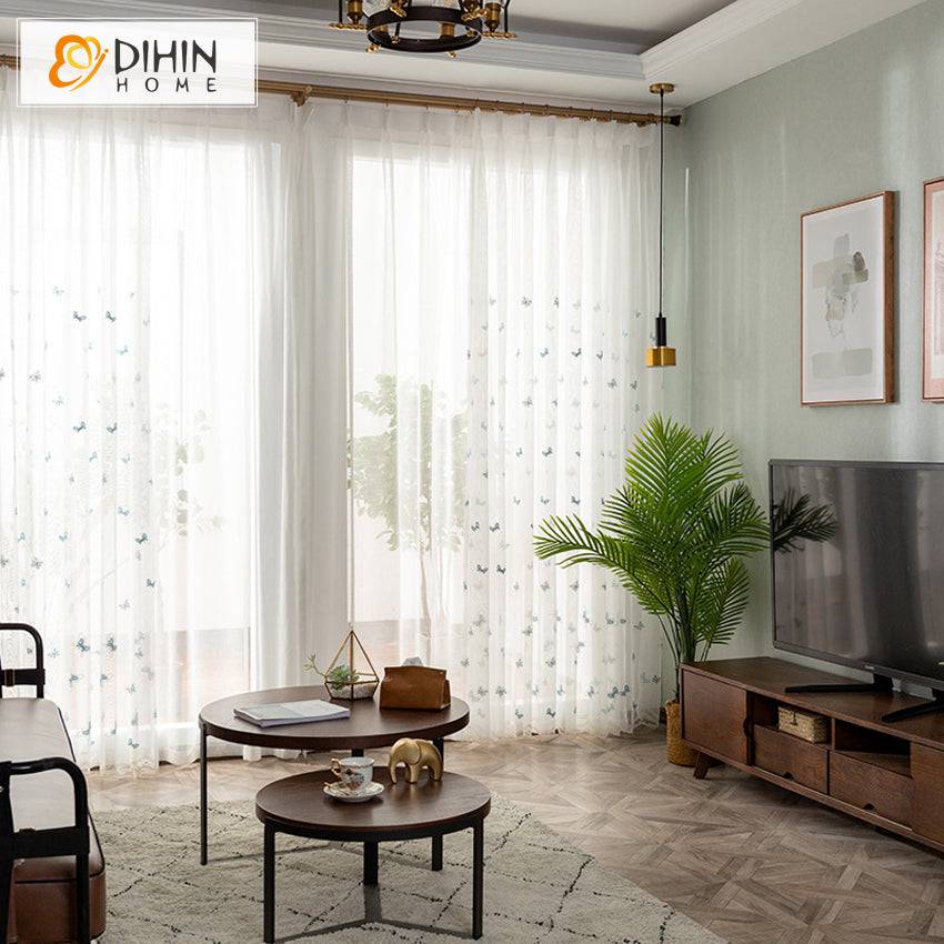 DIHIN HOME Pastoral Blue Butterfly Embroidered,Sheer Curtain,Grommet Window Curtain for Living Room ,52x63-inch,1 Panel Curtains custom curtains blackout curtains curtains for living room curtain fabric linen curtains
