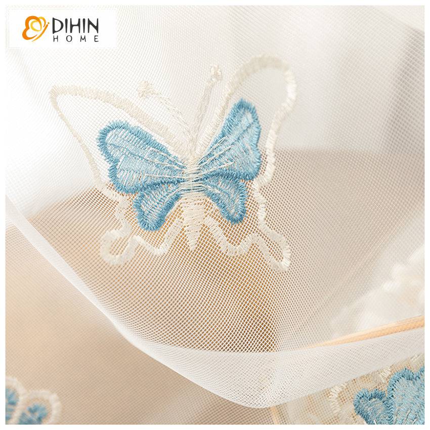 DIHIN HOME Pastoral Blue Butterfly Embroidered,Sheer Curtain,Grommet Window Curtain for Living Room ,52x63-inch,1 Panel Curtains custom curtains blackout curtains curtains for living room curtain fabric linen curtains