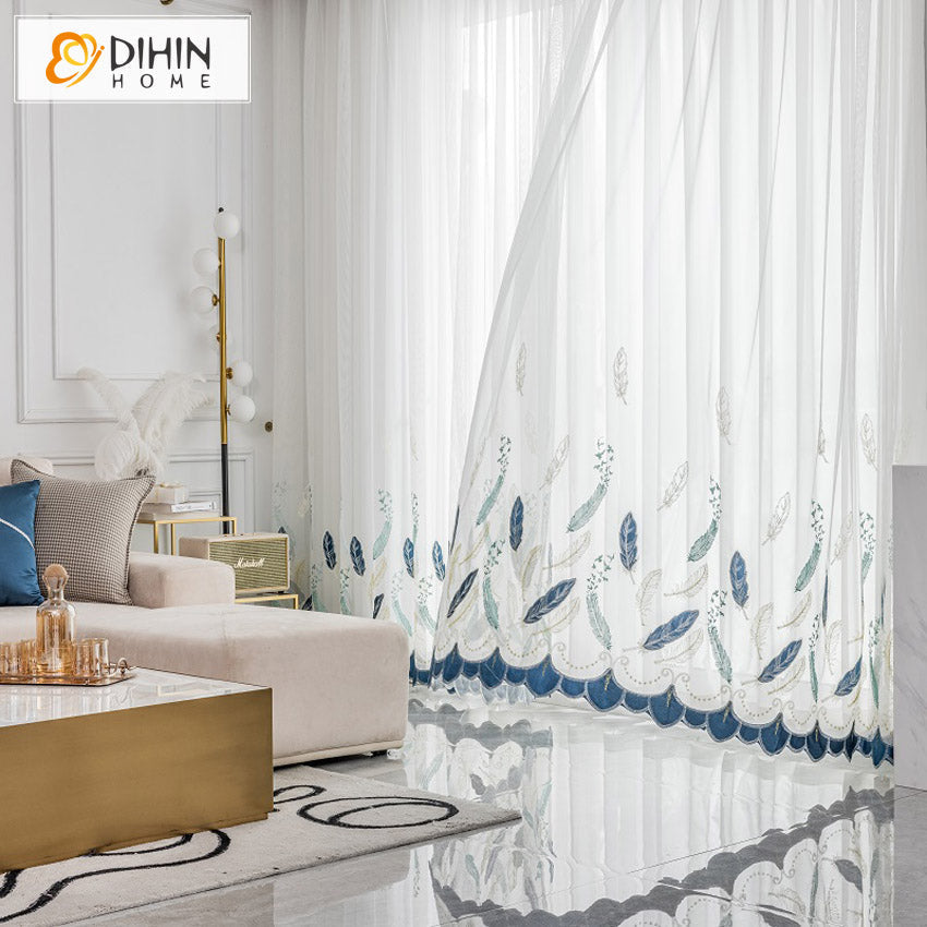 DIHIN HOME Pastoral Blue Feather Embroidered Sheer Curtain, Grommet Window Curtain for Living Room ,52x63-inch,1 Panel Roman Shades Curtains Window Blinds custom curtains blackout curtains curtains for living room sheer curtains curtain fabric linen curtains kitchen curtains velvet curtains pinch pleat curtains bay window curtains outdoor curtains pleated curtains floral curtains dining room curtains kitchen valances drapes for bedroom patio curtains nursery curtains grommet curtains