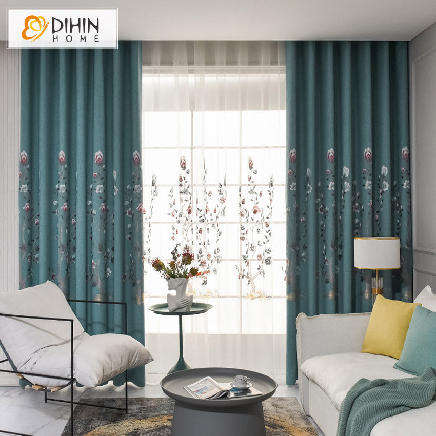 DIHIN HOME Pastoral Blue Flowers Embroidered Curtains,Grommet Window Curtain for Living Room,52x63-inch,1 Panel Roman Shades Curtains Window Blinds custom curtains blackout curtains curtains for living room sheer curtains curtain fabric linen curtains kitchen curtains velvet curtains pinch pleat curtains bay window curtains outdoor curtains pleated curtains floral curtains dining room curtains kitchen valances drapes for bedroom patio curtains nursery curtains grommet curtains