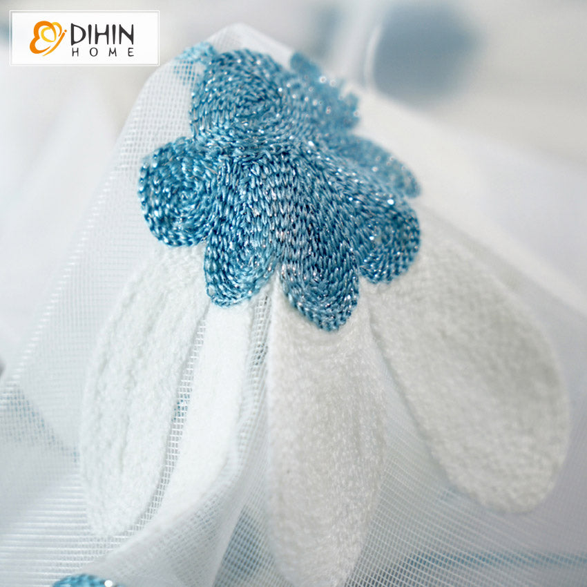 DIHIN HOME Pastoral Blue Flowers Embroidered,Grommet Window Sheer Curtain for Living Room ,52x63-inch,1 Panel Roman Shades Curtains Window Blinds custom curtains blackout curtains curtains for living room sheer curtains curtain fabric linen curtains kitchen curtains velvet curtains pinch pleat curtains bay window curtains outdoor curtains pleated curtains floral curtains dining room curtains kitchen valances drapes for bedroom patio curtains nursery curtains grommet curtains