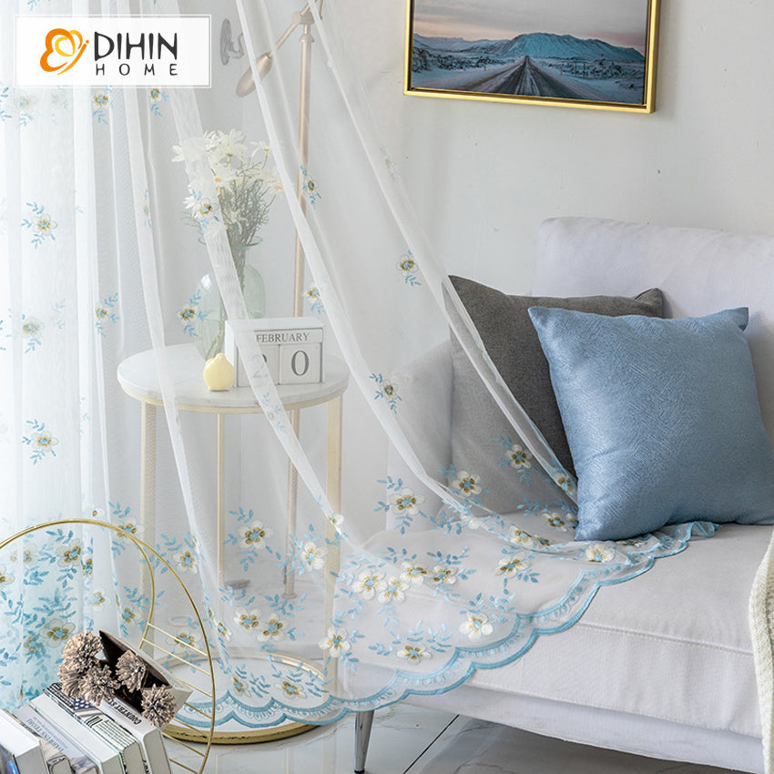DIHIN HOME Pastoral Blue Flowers Embroidered,Sheer Curtain,Grommet Window Curtain for Living Room ,52x63-inch,1 Panel Curtains custom curtains blackout curtains curtains for living room curtain fabric linen curtains