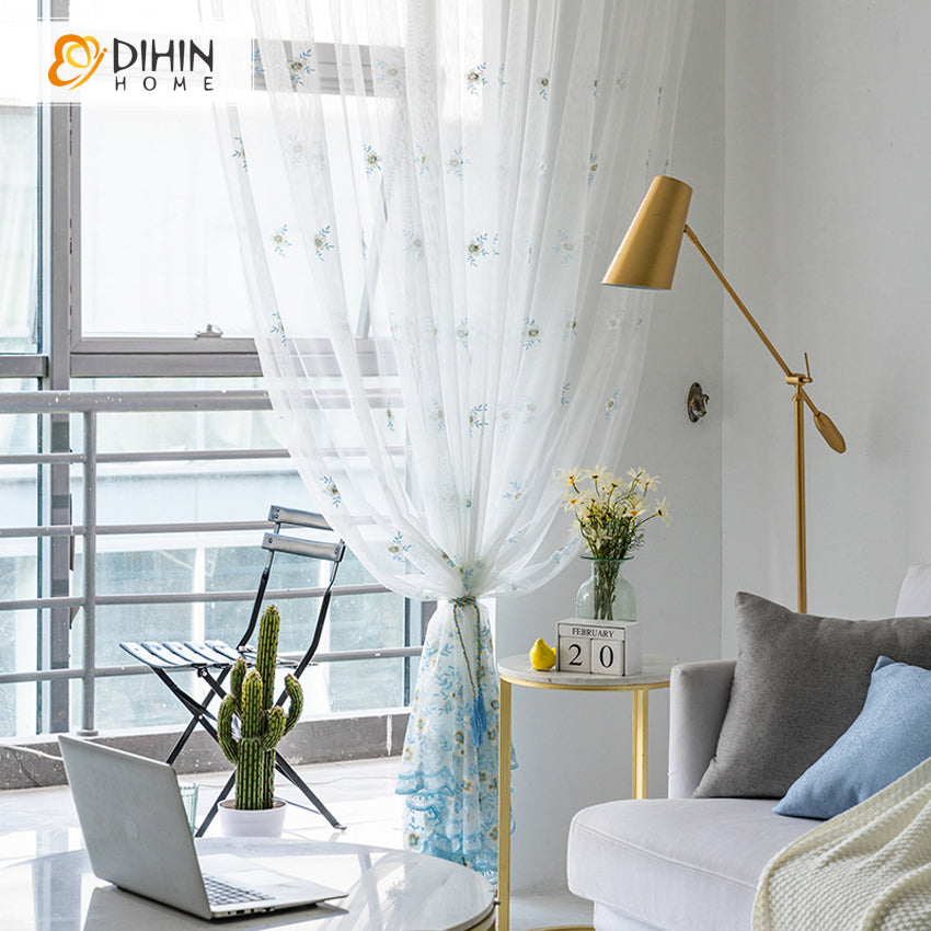 DIHIN HOME Pastoral Blue Flowers Embroidered,Sheer Curtain,Grommet Window Curtain for Living Room ,52x63-inch,1 Panel Curtains custom curtains blackout curtains curtains for living room curtain fabric linen curtains