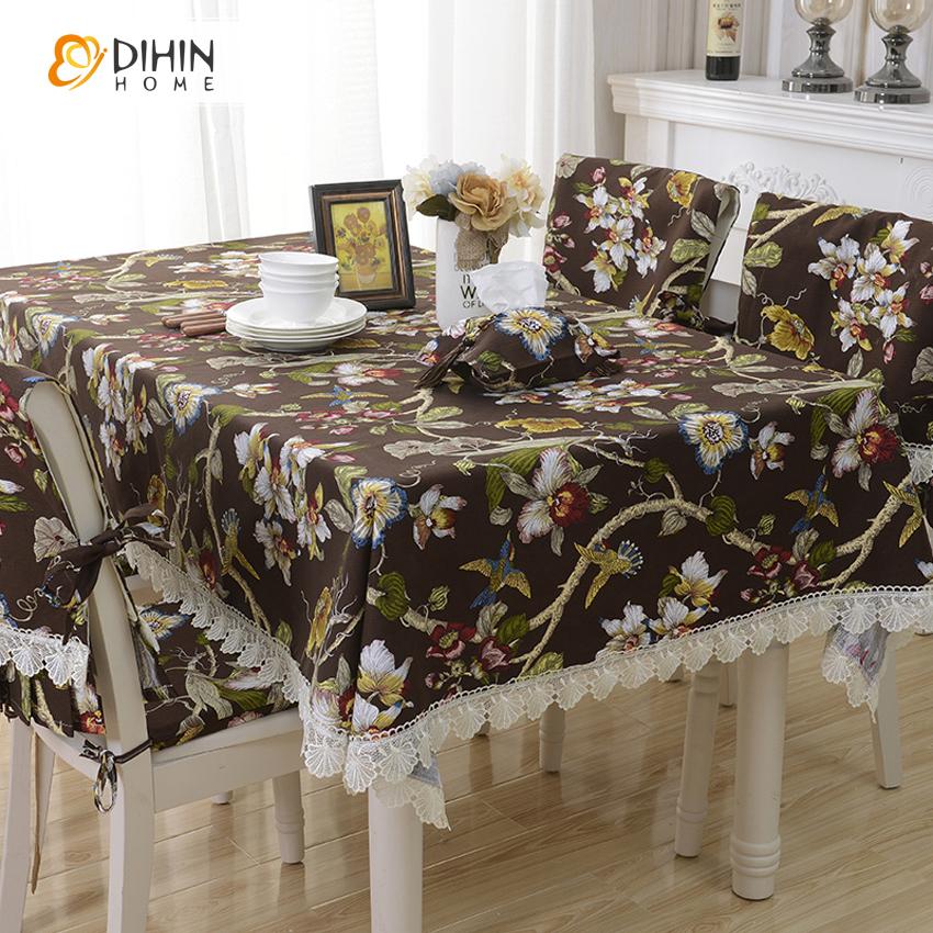DIHIN HOME Pastoral Dark Coffee Flowers and Birds Printed Tablecloth With White Lace For Rectangle Tables,Custom Washed Linen Tablecloth,Handmade Rectangle Table Cover Roman Shades Curtains Window Blinds custom curtains blackout curtains curtains for living room sheer curtains curtain fabric linen curtains kitchen curtains velvet curtains pinch pleat curtains bay window curtains outdoor curtains pleated curtains floral curtains dining room curtains kitchen valances drapes for bedroom patio curtains nursery 