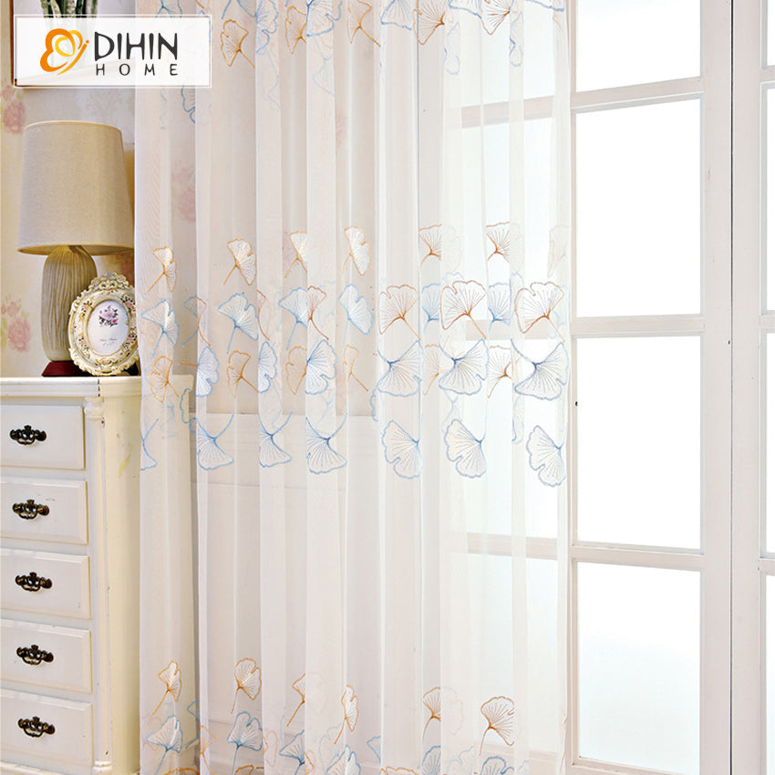 DIHIN HOME Pastoral Gingko Flower Embroidered,Sheer Curtain,Grommet Window Curtain for Living Room ,52x63-inch,1 Panel Curtains custom curtains blackout curtains curtains for living room curtain fabric linen curtains