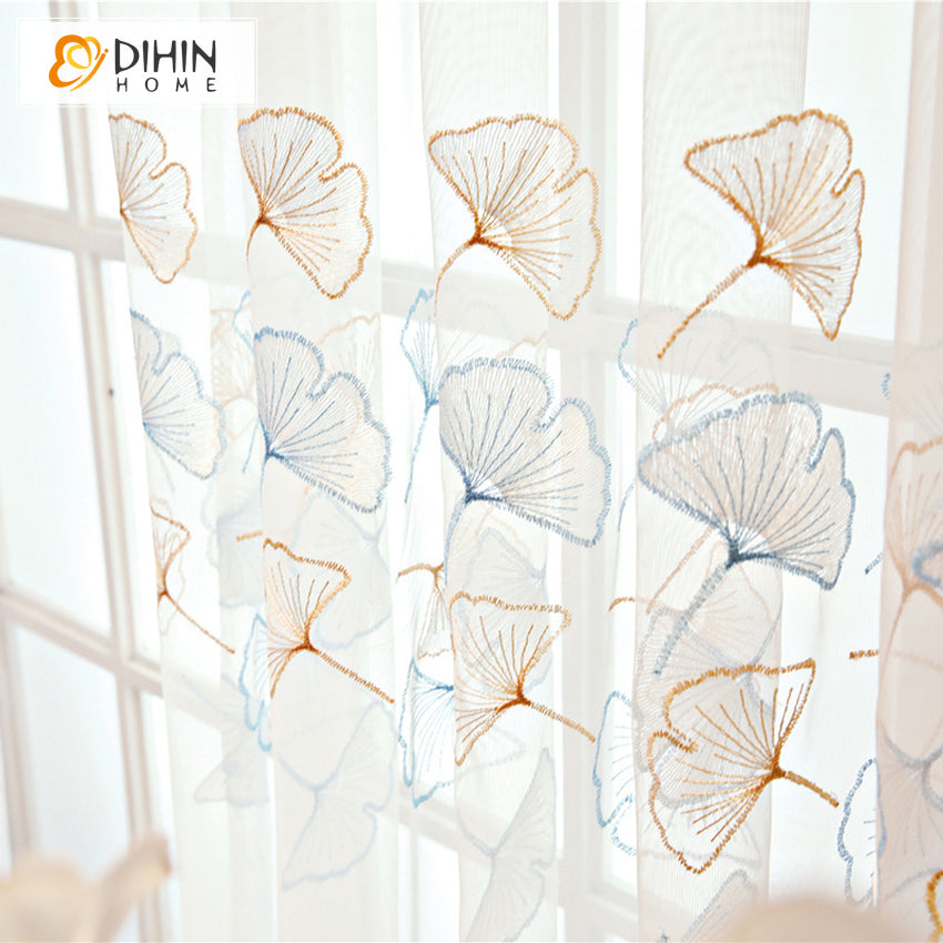 DIHIN HOME Pastoral Gingko Flower Embroidered,Sheer Curtain,Grommet Window Curtain for Living Room ,52x63-inch,1 Panel Curtains custom curtains blackout curtains curtains for living room curtain fabric linen curtains