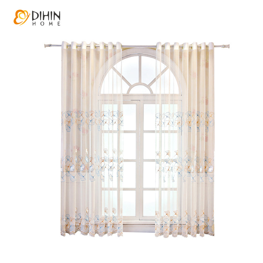DIHIN HOME Pastoral Gingko Flower Embroidered,Sheer Curtain,Grommet Window Curtain for Living Room ,52x63-inch,1 Panel Curtains custom curtains blackout curtains curtains for living room curtain fabric linen curtains