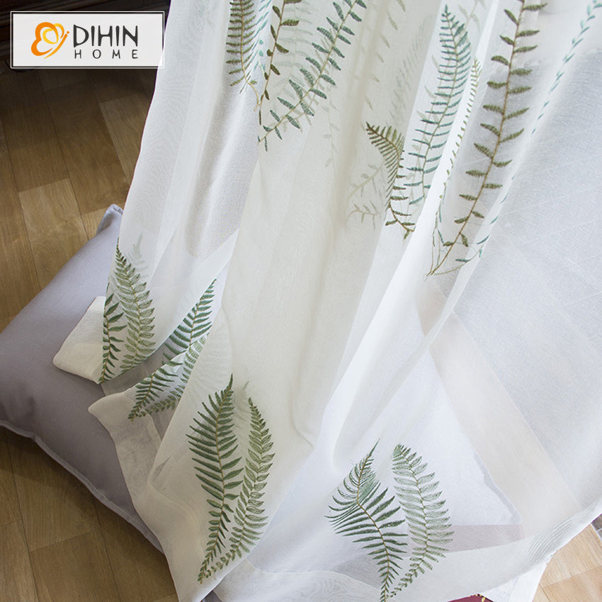 DIHIN HOME Pastoral Green Grass Embroidered Sheer Curtain,Grommet Window Curtain for Living Room ,52x63-inch,1 Panel Curtains custom curtains blackout curtains curtains for living room curtain fabric linen curtains