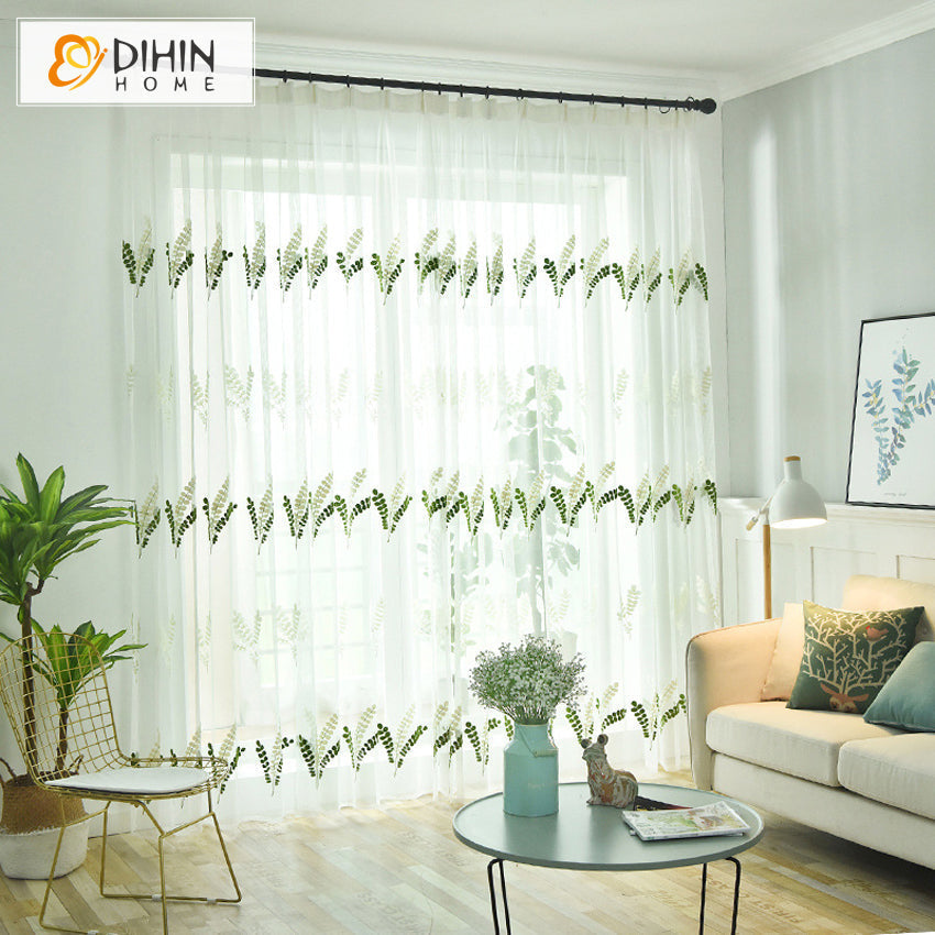 DIHIN HOME Pastoral Green Leaves Embroidered,Sheer Curtain,Grommet Window Curtain for Living Room ,52x63-inch,1 Panel Curtains custom curtains blackout curtains curtains for living room curtain fabric linen curtains