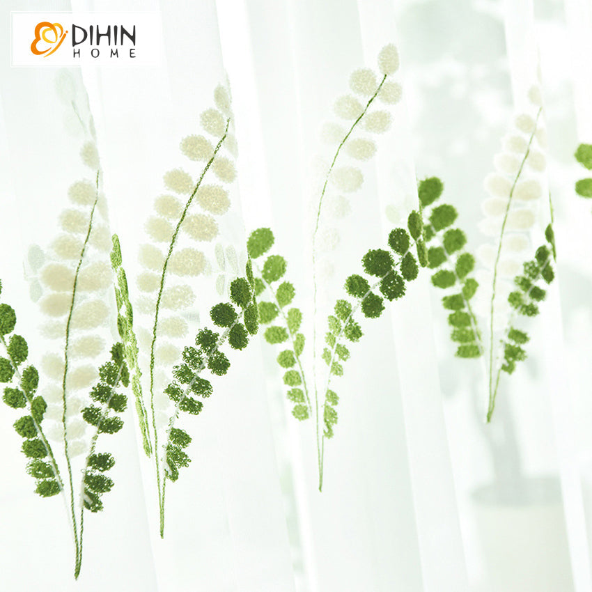 DIHIN HOME Pastoral Green Leaves Embroidered,Sheer Curtain,Grommet Window Curtain for Living Room ,52x63-inch,1 Panel Curtains custom curtains blackout curtains curtains for living room curtain fabric linen curtains