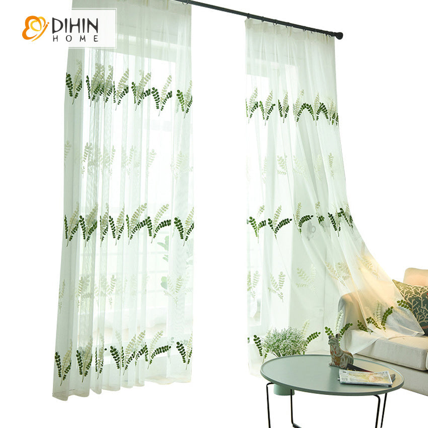 DIHIN HOME Pastoral Green Leaves Embroidered,Sheer Curtain,Grommet Window Curtain for Living Room ,52x63-inch,1 Panel Curtains custom curtains blackout curtains curtains for living room curtain fabric linen curtains