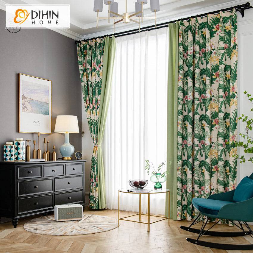 DIHIN HOME Pastoral Green Leaves Printed,Blackout Grommet Window Curtain for Living Room ,52x63-inch,1 Panel Roman Shades Window Curtains Curtains Window Blinds Curtains Drapes linen drapery curtains and drapes windows drapes custom curtains blackout curtains curtains for living room window shades sheer curtains curtain fabric window treatments custom drapery