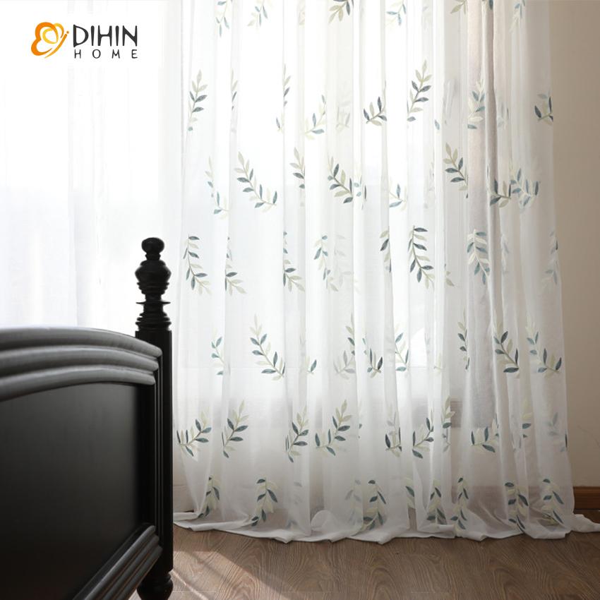 DIHIN HOME Pastoral Leaves Embroidered,Sheer Curtain,Grommet Window Curtain for Living Room ,52x63-inch,1 Panel Curtains custom curtains blackout curtains curtains for living room curtain fabric linen curtains