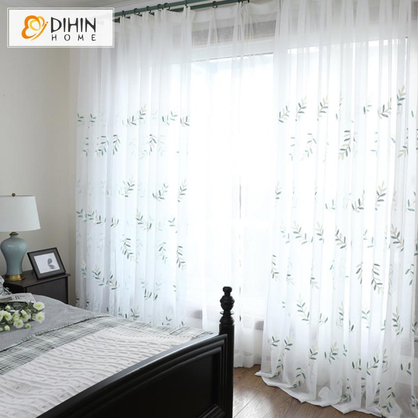 DIHIN HOME Pastoral Leaves Embroidered,Sheer Curtain,Grommet Window Curtain for Living Room ,52x63-inch,1 Panel Curtains custom curtains blackout curtains curtains for living room curtain fabric linen curtains