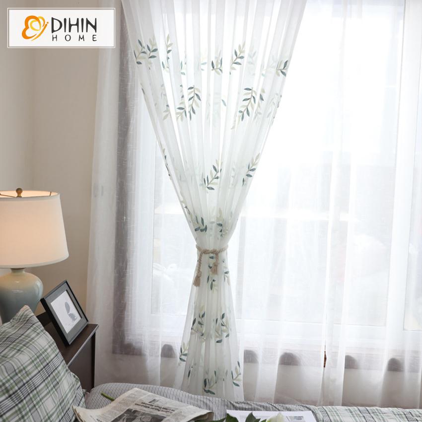 DIHIN HOME Pastoral Leaves Embroidered,Sheer Curtain,Grommet Window Curtain for Living Room ,52x63-inch,1 Panel Curtains custom curtains blackout curtains curtains for living room curtain fabric linen curtains
