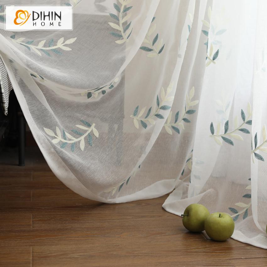 DIHIN HOME Pastoral Leaves Embroidered,Sheer Curtain,Grommet Window Curtain for Living Room ,52x63-inch,1 Panel Curtains custom curtains blackout curtains curtains for living room curtain fabric linen curtains
