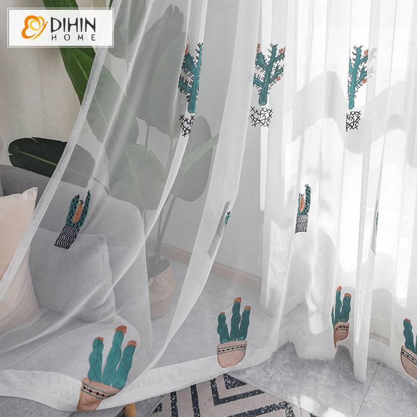 DIHIN HOME Pastoral Natural Cactus Embroidered,Sheer Curtain,Grommet Window Curtain for Living Room ,52x63-inch,1 Panel Curtains custom curtains blackout curtains curtains for living room curtain fabric linen curtains