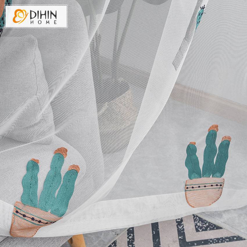 DIHIN HOME Pastoral Natural Cactus Embroidered,Sheer Curtain,Grommet Window Curtain for Living Room ,52x63-inch,1 Panel Curtains custom curtains blackout curtains curtains for living room curtain fabric linen curtains