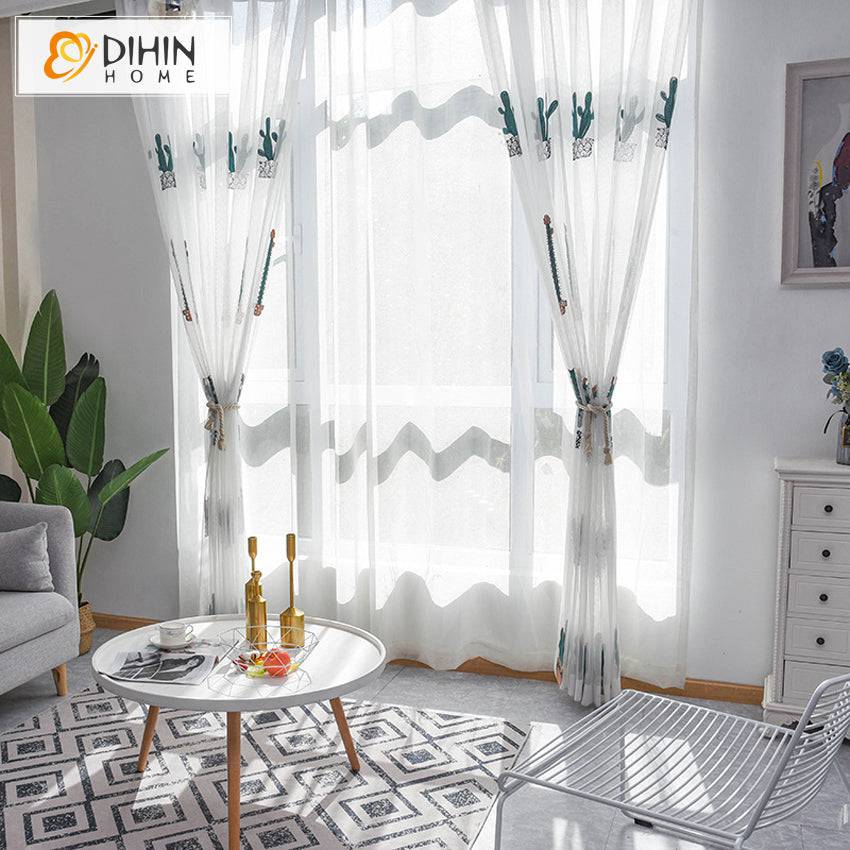 DIHIN HOME Pastoral Natural Cactus Embroidered,Sheer Curtain,Grommet Window Curtain for Living Room ,52x63-inch,1 Panel Curtains custom curtains blackout curtains curtains for living room curtain fabric linen curtains