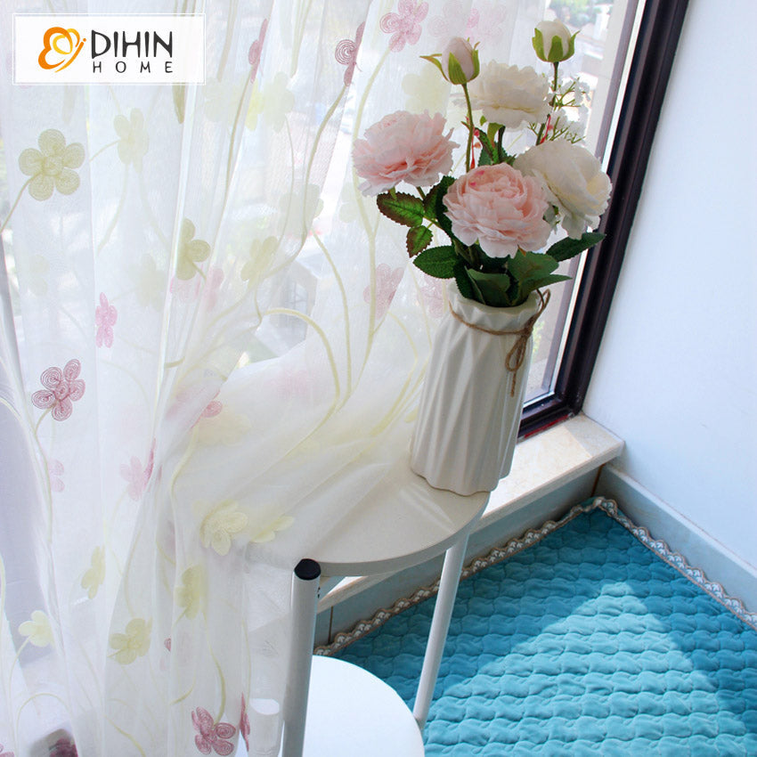 DIHIN HOME Pastoral Pink Flowers Embroidered,Grommet Window Sheer Curtain for Living Room ,52x63-inch,1 Panel Roman Shades Curtains Window Blinds custom curtains blackout curtains curtains for living room sheer curtains curtain fabric linen curtains kitchen curtains velvet curtains pinch pleat curtains bay window curtains outdoor curtains pleated curtains floral curtains dining room curtains kitchen valances drapes for bedroom patio curtains nursery curtains grommet curtains