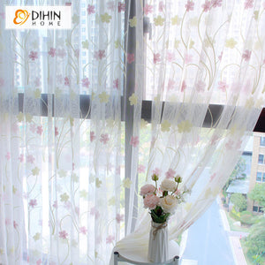 DIHIN HOME Pastoral Pink Flowers Embroidered,Grommet Window Sheer Curtain for Living Room ,52x63-inch,1 Panel Roman Shades Curtains Window Blinds custom curtains blackout curtains curtains for living room sheer curtains curtain fabric linen curtains kitchen curtains velvet curtains pinch pleat curtains bay window curtains outdoor curtains pleated curtains floral curtains dining room curtains kitchen valances drapes for bedroom patio curtains nursery curtains grommet curtains
