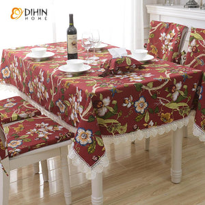 DIHIN HOME Pastoral Rose Red Flowers and Birds Printed Tablecloth With White Lace For Rectangle Tables,Custom Washed Linen Tablecloth,Handmade Rectangle Table Cover Roman Shades Curtains Window Blinds custom curtains blackout curtains curtains for living room sheer curtains curtain fabric linen curtains kitchen curtains velvet curtains pinch pleat curtains bay window curtains outdoor curtains pleated curtains floral curtains dining room curtains kitchen valances drapes for bedroom patio curtains nursery cur