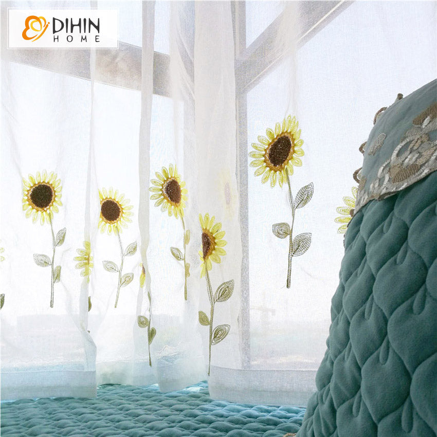DIHIN HOME Pastoral Sunflowers Embroidered,Grommet Window Sheer Curtain for Living Room ,52x63-inch,1 Panel Roman Shades Curtains Window Blinds custom curtains blackout curtains curtains for living room sheer curtains curtain fabric linen curtains kitchen curtains velvet curtains pinch pleat curtains bay window curtains outdoor curtains pleated curtains floral curtains dining room curtains kitchen valances drapes for bedroom patio curtains nursery curtains grommet curtains