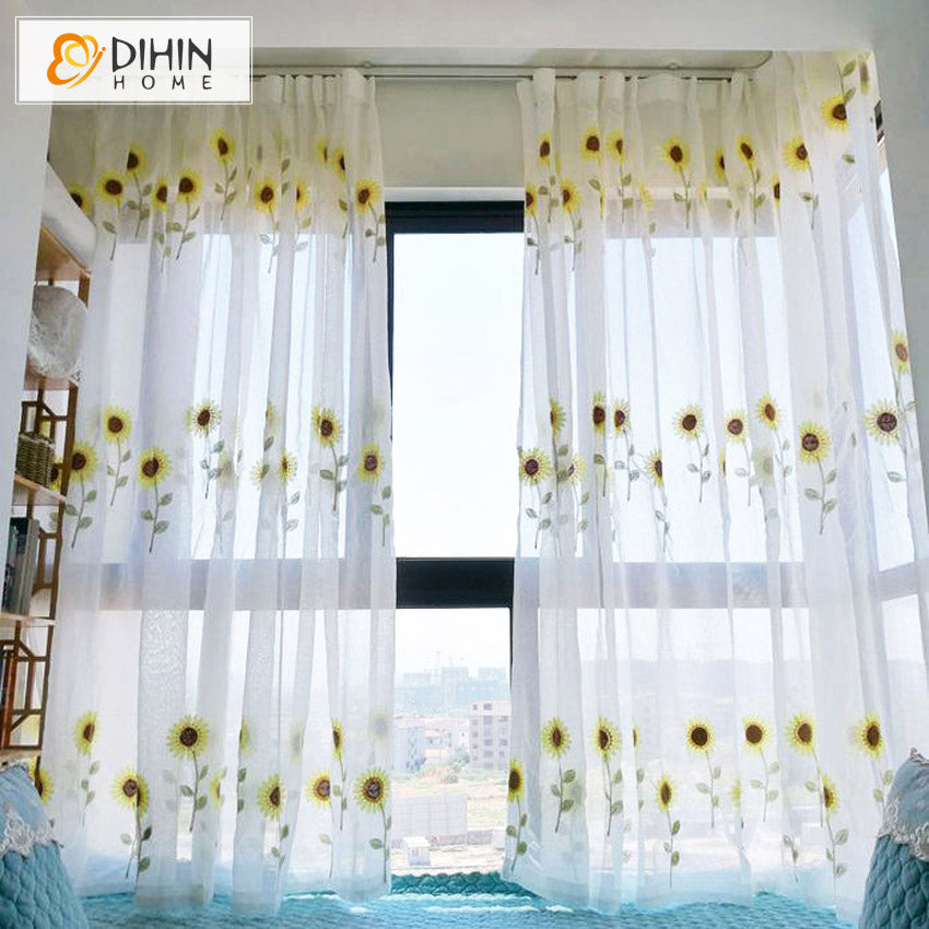 DIHIN HOME Pastoral Sunflowers Embroidered,Grommet Window Sheer Curtain for Living Room ,52x63-inch,1 Panel Roman Shades Curtains Window Blinds custom curtains blackout curtains curtains for living room sheer curtains curtain fabric linen curtains kitchen curtains velvet curtains pinch pleat curtains bay window curtains outdoor curtains pleated curtains floral curtains dining room curtains kitchen valances drapes for bedroom patio curtains nursery curtains grommet curtains