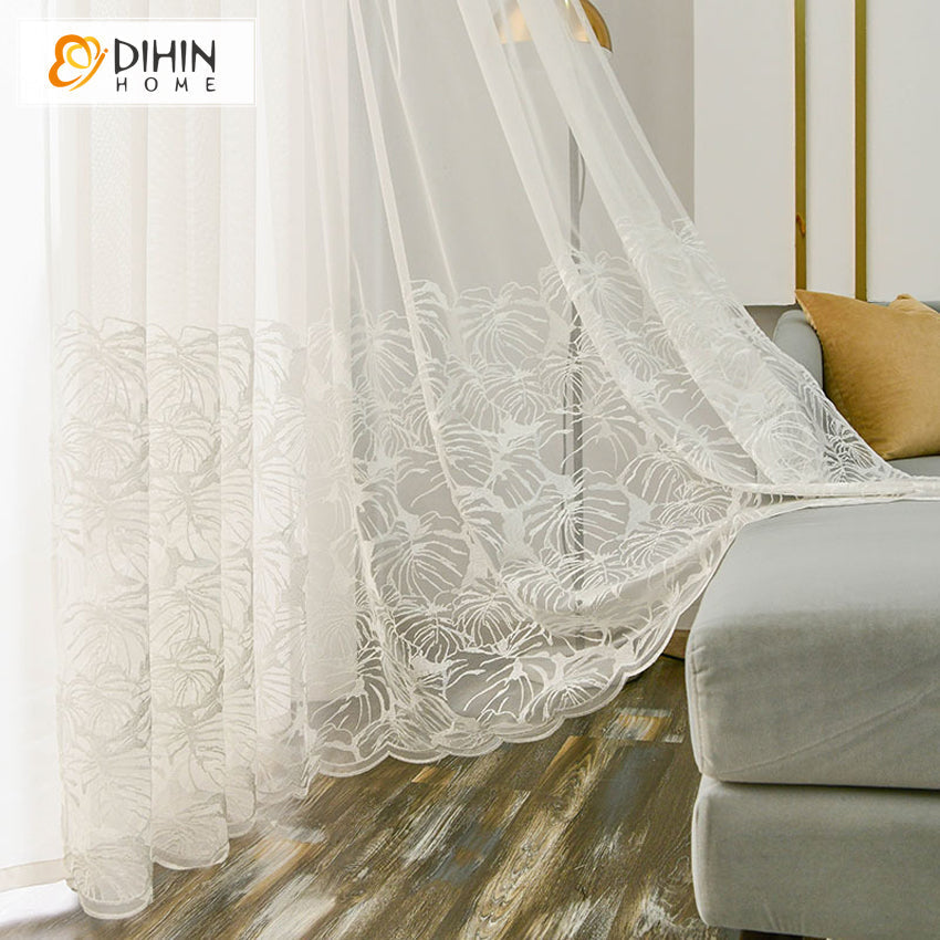 DIHIN HOME Pastoral White Banana Leaves,Sheer Curtain,Grommet Window Curtain for Living Room ,52x63-inch,1 Panel Curtains custom curtains blackout curtains curtains for living room curtain fabric linen curtains