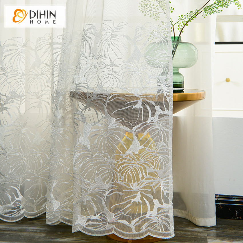 DIHIN HOME Pastoral White Banana Leaves,Sheer Curtain,Grommet Window Curtain for Living Room ,52x63-inch,1 Panel Curtains custom curtains blackout curtains curtains for living room curtain fabric linen curtains