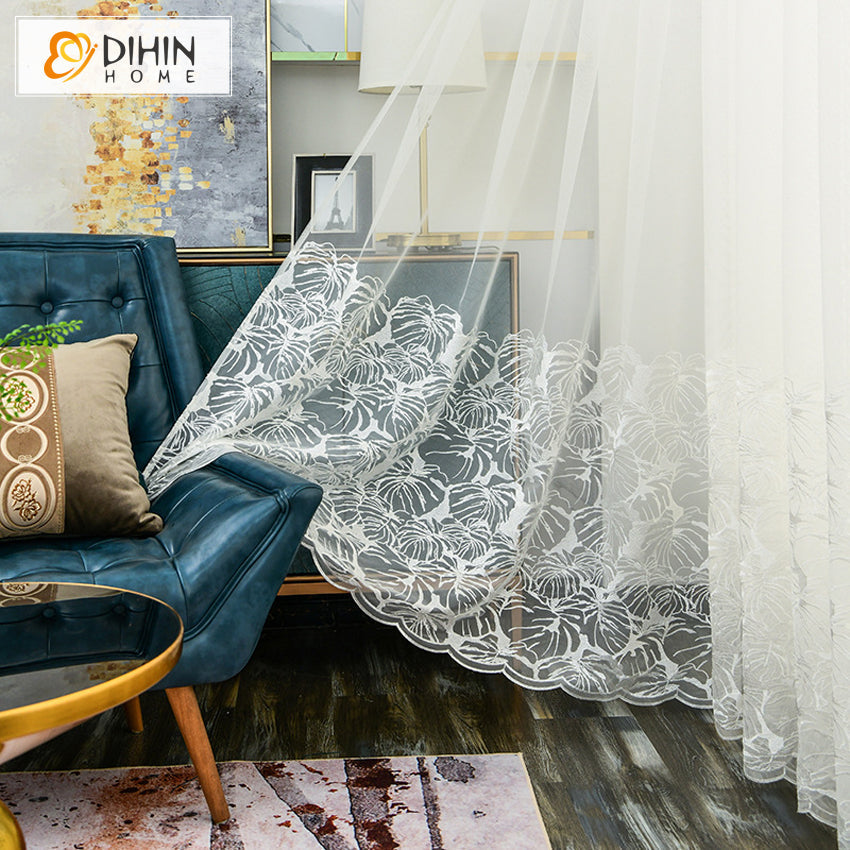 DIHIN HOME Pastoral White Banana Leaves,Sheer Curtain,Grommet Window Curtain for Living Room ,52x63-inch,1 Panel Curtains custom curtains blackout curtains curtains for living room curtain fabric linen curtains