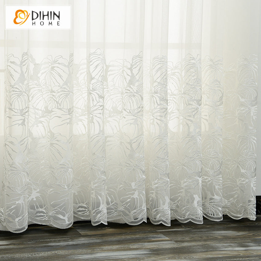 DIHIN HOME Pastoral White Banana Leaves,Sheer Curtain,Grommet Window Curtain for Living Room ,52x63-inch,1 Panel Curtains custom curtains blackout curtains curtains for living room curtain fabric linen curtains