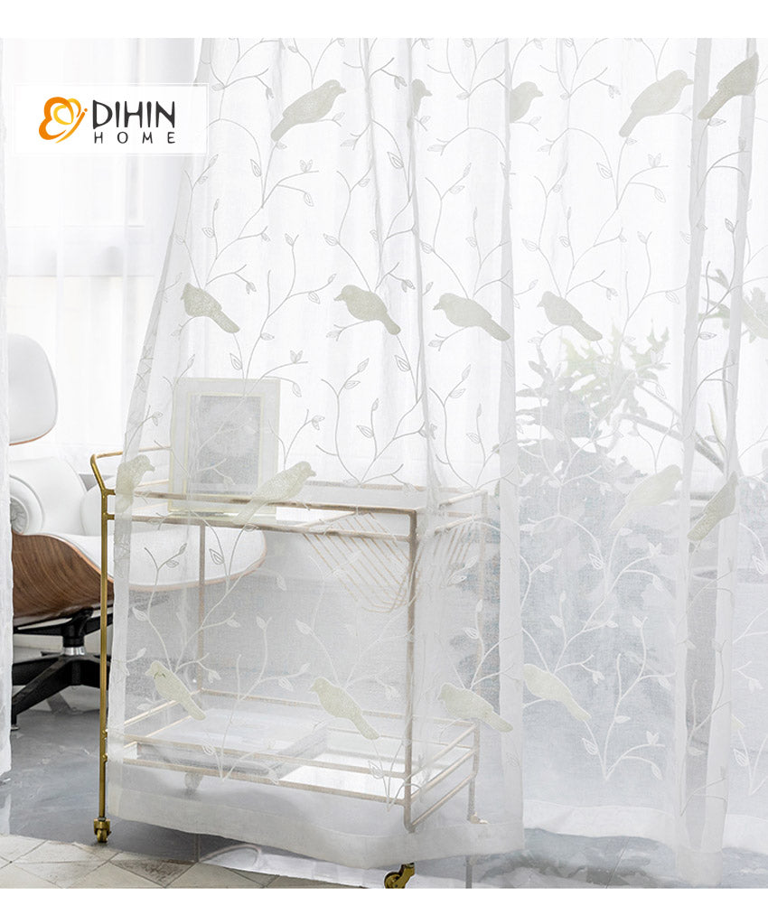 DIHIN HOME Pastoral White Bird Embroidered Sheer Curtain, Grommet Window Curtain for Living Room ,52x63-inch,1 Panel Roman Shades Window Curtains Curtains Window Blinds Curtains Drapes linen drapery curtains and drapes windows drapes custom curtains blackout curtains curtains for living room window shades sheer curtains curtain fabric window treatments custom drapery