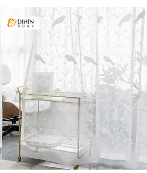 DIHIN HOME Pastoral White Bird Embroidered Sheer Curtain, Grommet Window Curtain for Living Room ,52x63-inch,1 Panel Roman Shades Window Curtains Curtains Window Blinds Curtains Drapes linen drapery curtains and drapes windows drapes custom curtains blackout curtains curtains for living room window shades sheer curtains curtain fabric window treatments custom drapery