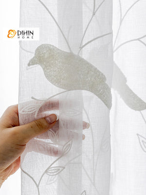 DIHIN HOME Pastoral White Bird Embroidered Sheer Curtain, Grommet Window Curtain for Living Room ,52x63-inch,1 Panel Roman Shades Window Curtains Curtains Window Blinds Curtains Drapes linen drapery curtains and drapes windows drapes custom curtains blackout curtains curtains for living room window shades sheer curtains curtain fabric window treatments custom drapery