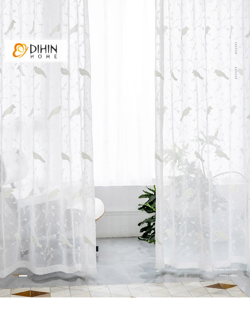 DIHIN HOME Pastoral White Bird Embroidered Sheer Curtain, Grommet Window Curtain for Living Room ,52x63-inch,1 Panel Roman Shades Window Curtains Curtains Window Blinds Curtains Drapes linen drapery curtains and drapes windows drapes custom curtains blackout curtains curtains for living room window shades sheer curtains curtain fabric window treatments custom drapery