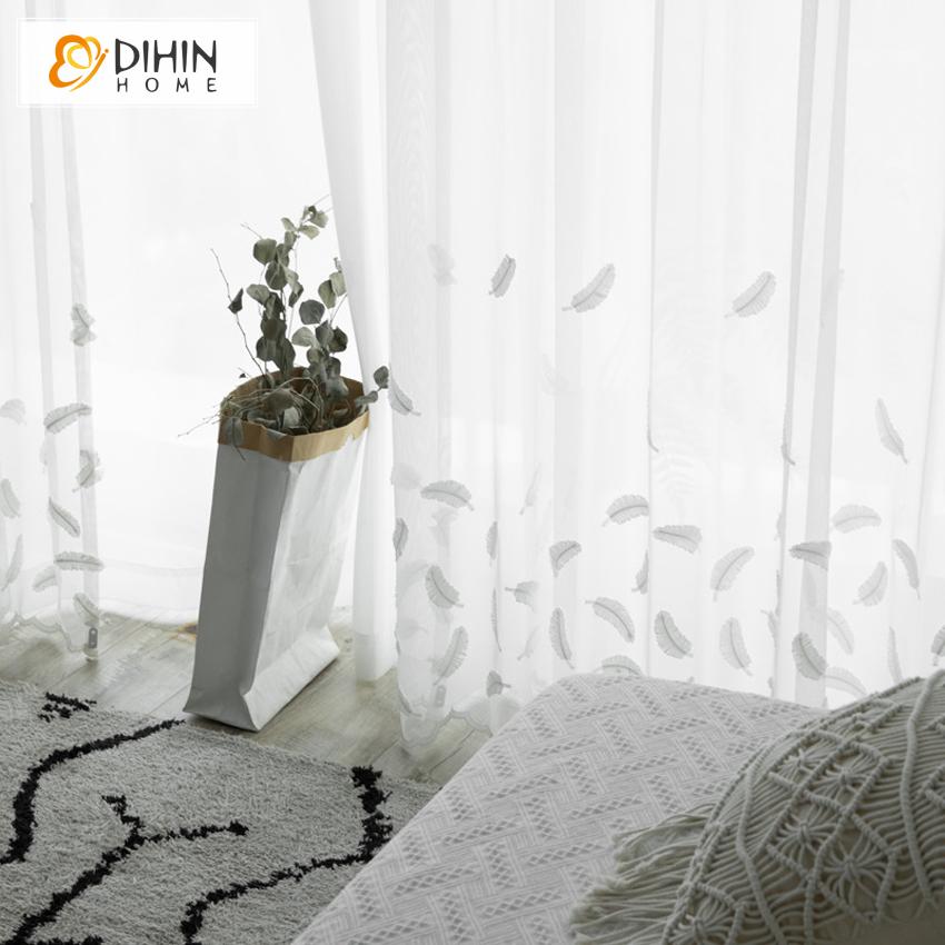 DIHIN HOME Pastoral White Feather Embroidered,Sheer Curtain,Grommet Window Curtain for Living Room ,52x63-inch,1 Panel Curtains custom curtains blackout curtains curtains for living room curtain fabric linen curtains
