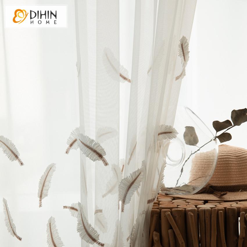 DIHIN HOME Pastoral White Feather Embroidered,Sheer Curtain,Grommet Window Curtain for Living Room ,52x63-inch,1 Panel Curtains custom curtains blackout curtains curtains for living room curtain fabric linen curtains