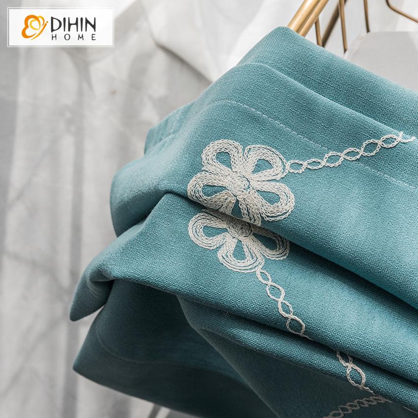 DIHIN HOME Pastoral White Flowers Embroidered Curtain,Blackout Curtains Grommet Window Curtain for Living Room ,52x84-inch,1 Panel Curtains custom curtains blackout curtains curtains for living room curtain fabric linen curtains