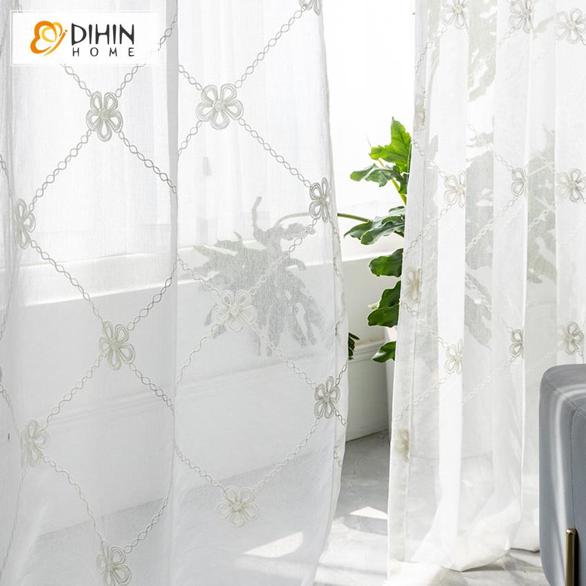 DIHIN HOME Pastoral White Flowers Embroidered Curtain,Blackout Curtains Grommet Window Curtain for Living Room ,52x84-inch,1 Panel Curtains custom curtains blackout curtains curtains for living room curtain fabric linen curtains